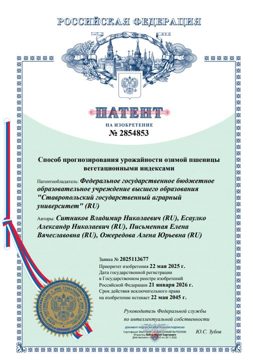 Сотрудники СтГАУ получили патент на новый способ прогнозирования урожайности озимых культур